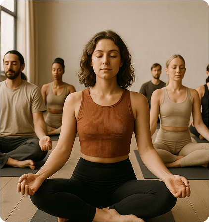 Woman meditating in lotus pose during class