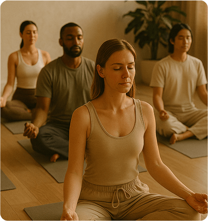 Meditating woman during group yoga session